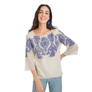 Chicos Top Blouse Sz 1 Boho 3/4 Sleeve Ivory Blue Gauze Blue Embroidered Boho